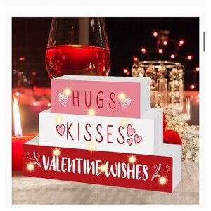 Valentine's Day Table Signs Decorations Wooden Blocks Heart Shape Love Sign
